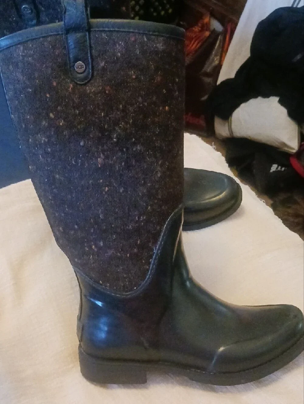 UGG Black Leather and Wool Tall Winter Rain Boots